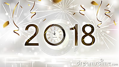 Holiday shine light Background with gold confetti, fireworks and festive date. New Year Midnight on the Clock. Vector Illustration