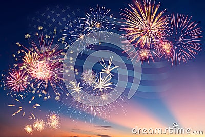 Fireworks and flag of America Stock Photo