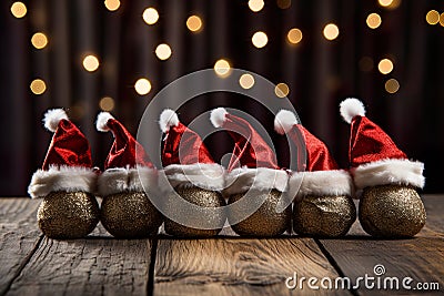 Holiday spirit with sparkling balls adorned with a Santa hat Stock Photo