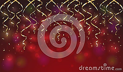 Holiday Streamers and Confetti on Red Sparkle Background Vector Illustration