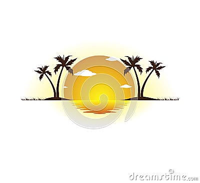 Holiday summer beach coconut palm tree vector logo design, Hotel tourism. Sunrise, shore. Vector Illustration