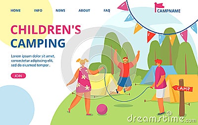 Holiday at summer nature camp, outdoor adventure vacation for children vector illustration. Flat web banner with forest Vector Illustration