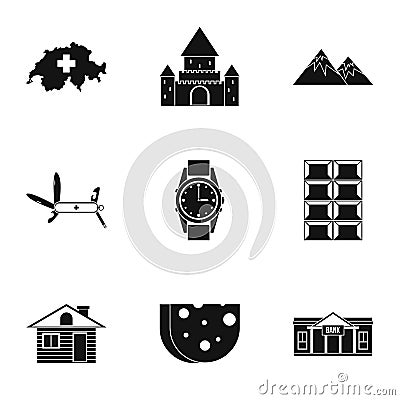 Holiday in Switzerland icons set, simple style Vector Illustration
