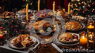 Holiday table different Christmas snacks anniversary celebration lunch cuisine appetizer decoration gourmet Stock Photo