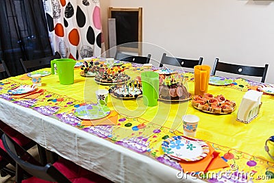 Holiday table with snacks, children holiday celebration Stock Photo