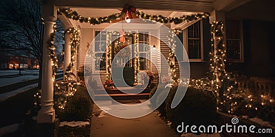 A holiday-themed front porch with garland and lights colo one generative AI Stock Photo