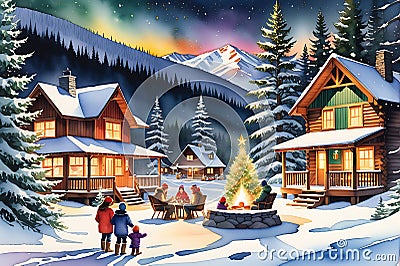 Holiday-Themed Watercolor Showcasing a Festive Winter Scene, Snowflakes Gently Landing on Evergreen Boughs Stock Photo