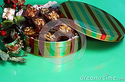 Holiday Tin of Chocolate Fudge Treats Stock Photo