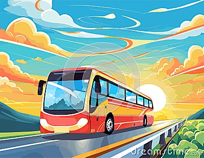 Holiday Travel Series - Colorful Abstract Art Vector Image of Bus Road Trip Vector Illustration