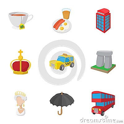 Holiday in United Kingdom icons set, cartoon style Vector Illustration