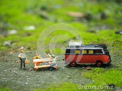 Holiday, vacation, staycation and trip conceptual design. Toys photography concept. Grass land view. Stock Photo