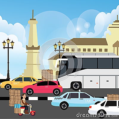 Holiday vacation traffic jam congestion illustration in yogyakarta street indonesia Vector Illustration