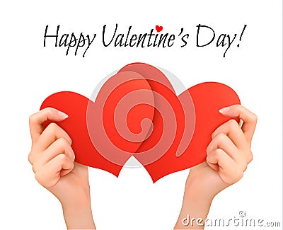 Holiday valentine background with hands holding two red hearts. Vector Illustration