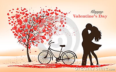 Holiday Valentine`s Day background. Tree with heart-shaped leaves and Couple in Love Vector Illustration