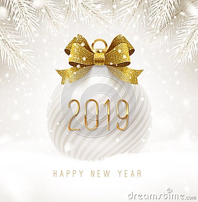 Holiday white bauble with glitter gold bow ribbon and New year 2019 number. Christmas ball on a snow. Vector Illustration