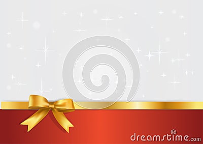 Holiday white and red banner with gift glossy realistic gold bow and ribbon. Glitter light silvet starry background with golden Stock Photo
