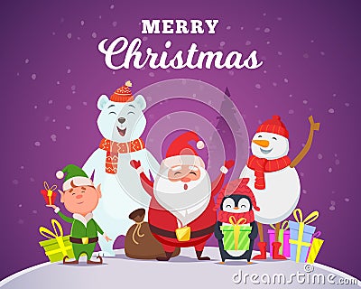 Holiday winter background. Christmas characters santa penguin white arctic bear character snow wildlife animals in Vector Illustration