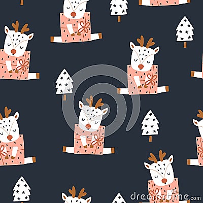 Holiday winter pattern with cartoon festive cute deer in gift boxes. Seamless xmas texture.Vector illustration Vector Illustration