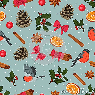 Holiday winter seamless pattern. Seamless pattern with birds, spices, holly and bows Vector Illustration