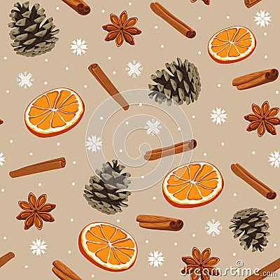 Holiday winter seamless pattern. Seamless pattern with cones, cinnamon, oranges and anise Vector Illustration