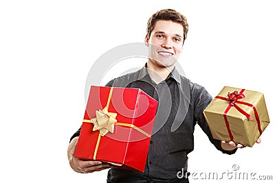 Holiday. Young man giving presents gifts boxes Stock Photo