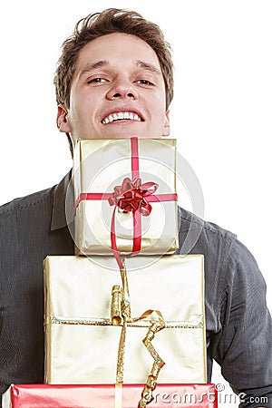 Holiday. Young man giving presents gifts boxes Stock Photo