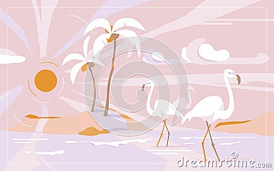 Holiday your dreams. Stylish vector illustration on vacation. Pink islands with flamingos amid clouds Vector Illustration