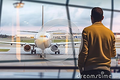 Holidaymaker in a departure lounge standing in front of large window area overlooking a plane about to take off. Generative AI Stock Photo