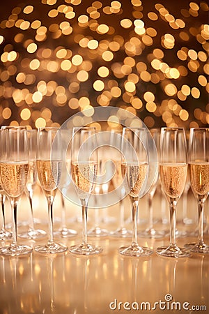 Holidays celebration. Champagne flutes with sparkling wine on golden bokeh lights background. Peach fuzz Color of Year 2024 Stock Photo