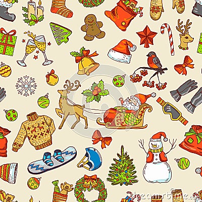 Holidays funny pictures. Vector seamless pattern with christmas icons Vector Illustration