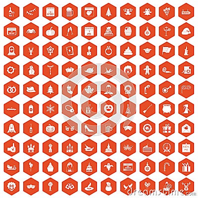 100 holidays icons hexagon orange Vector Illustration