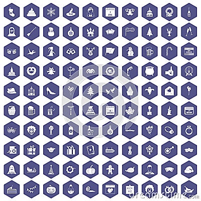 100 holidays icons hexagon purple Vector Illustration