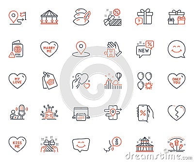 Holidays icons set. Included icon as Fireworks rocket, Gps and Broken heart web elements. For website app. Vector Vector Illustration