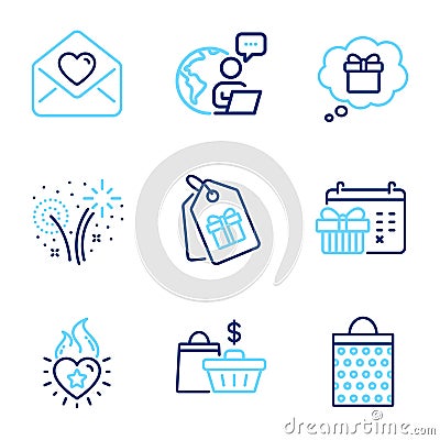 Holidays icons set. Included icon as Sale bags, Heart flame, Shopping bag signs. Vector Vector Illustration