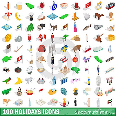 100 holidays icons set, isometric 3d style Vector Illustration