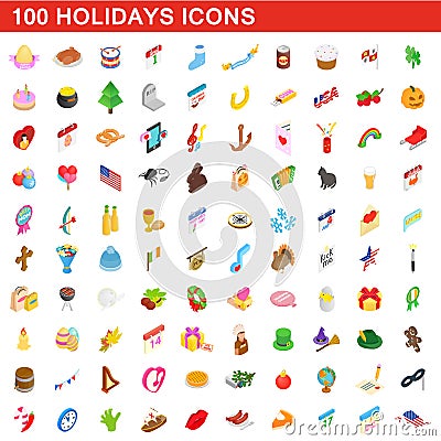 100 holidays icons set, isometric 3d style Vector Illustration