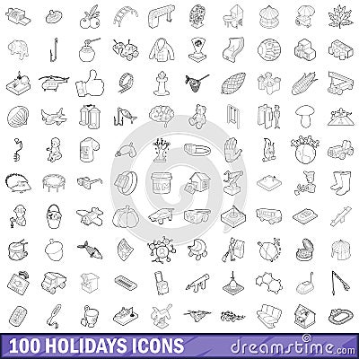 100 holidays icons set, outline style Vector Illustration