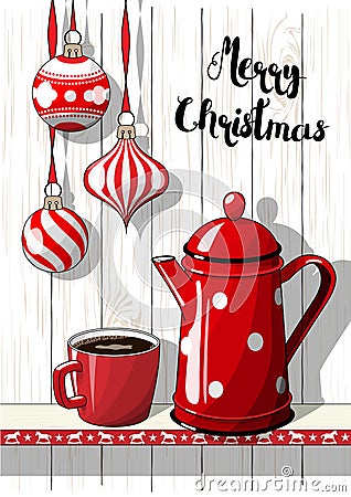 Holidays motive, Christmas decorations with red dotted coffee pot and cup, illustration Vector Illustration