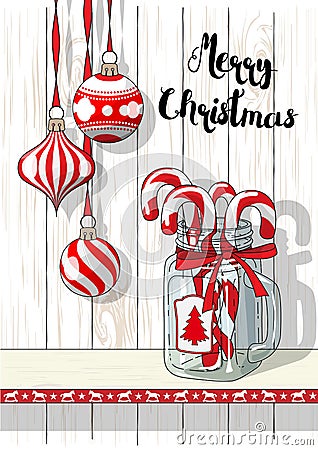 Holidays motive, Christmas decorations with vintage glass jar and candy canes, illustration Vector Illustration