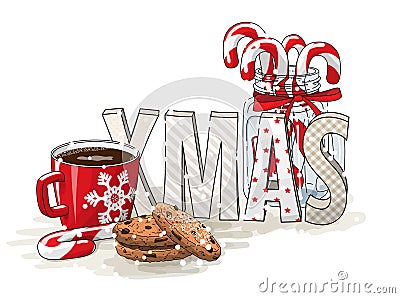 Holidays motive, letters XMAS, glass jar with candy canes, red cup of coffee and chocolate cookies, illustration Vector Illustration