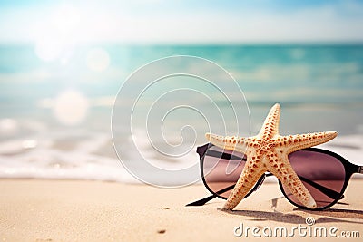 Holidays. sand beach, sunglasses and starfish Stock Photo