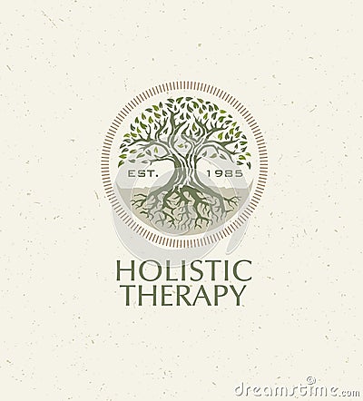 Holistic Therapy Tree With Roots On Organic Paper Background. Natural Eco Friendly Medicine Vector Concept Vector Illustration