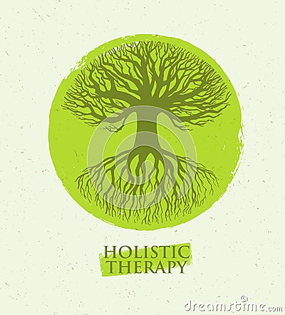 Holistic Therapy Tree With Roots On Organic Paper Background. Natural Eco Friendly Medicine Vector Concept Vector Illustration