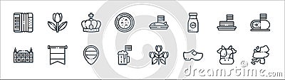 Holland line icons. linear set. quality vector line set such as holland, clogs, beer, ba, tompouce, crown, herring, tulip Vector Illustration