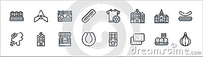 holland line icons. linear set. quality vector line set such as tulip, speculoos, rookworst, maps, royal palace, canal, tshirt, Vector Illustration