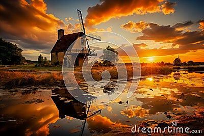 Holland windmill, water mirrored Stock Photo