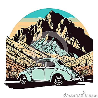 Holliday road trip by vehicle. A car trip to the mountains. Visit a nature park or reserve. cartoon vector illustration, white Cartoon Illustration