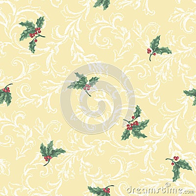 Hollies on a scroll background allover repeat design Vector Illustration