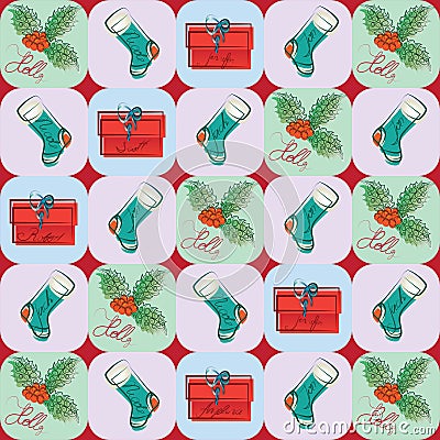 Holly berries and gifts. Pattern. Vector Illustration