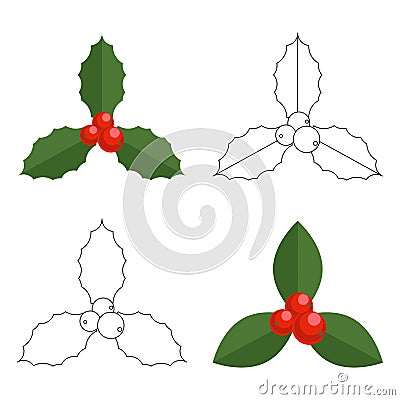 Holly berry Christmas icon set. Element for design. Cartoon simple mistletoe decorative colour and graphic ornament Vector Illustration